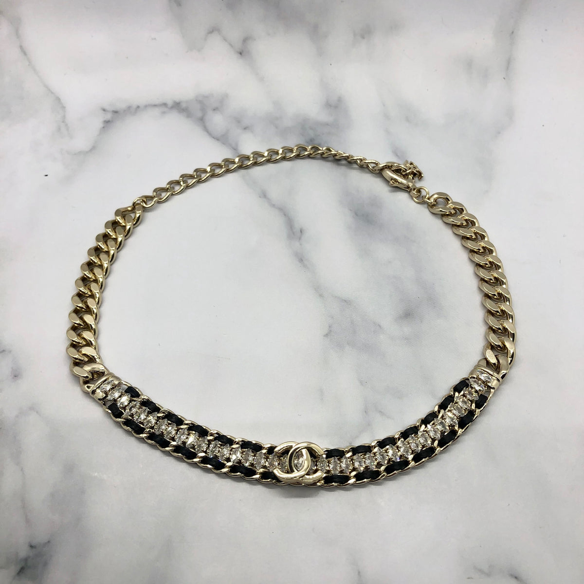 CHANEL CC Leather Rhinestone Choker Necklace - USED