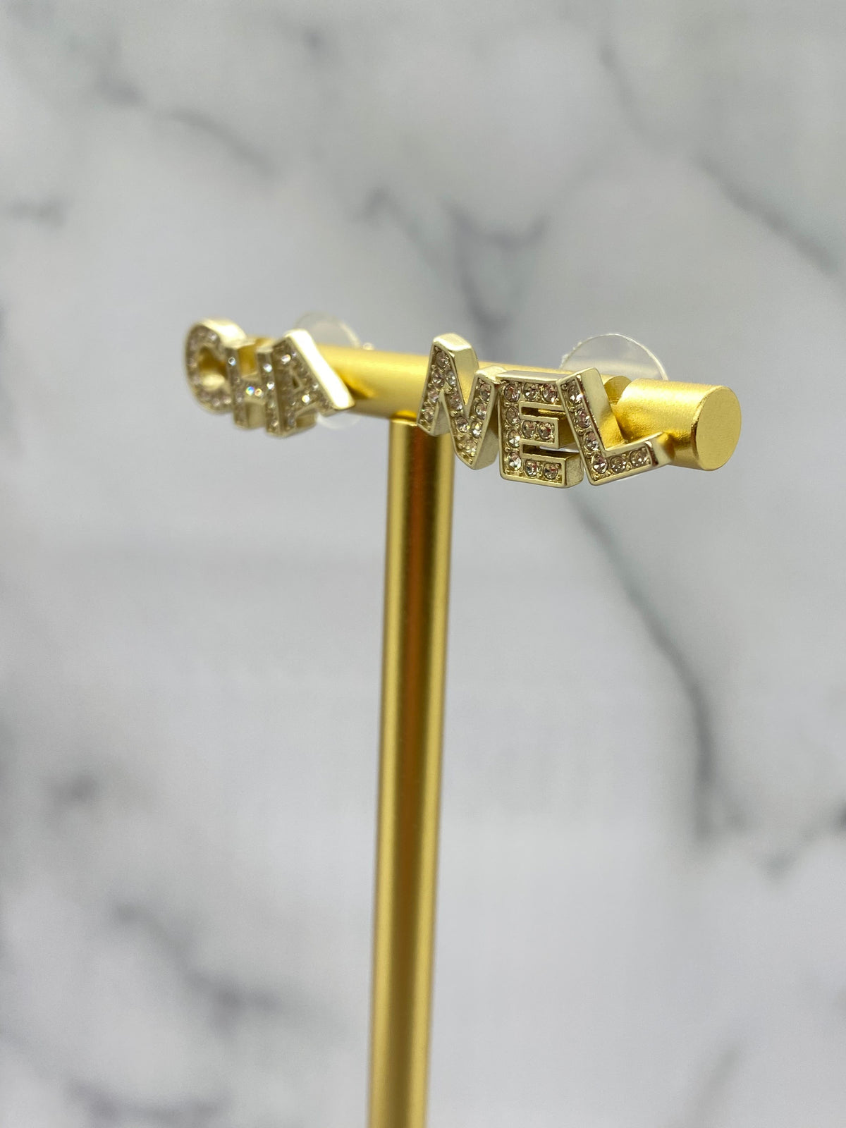 CHANEL CC Gold Tone Rhinestone Block Earrings - Pre owned