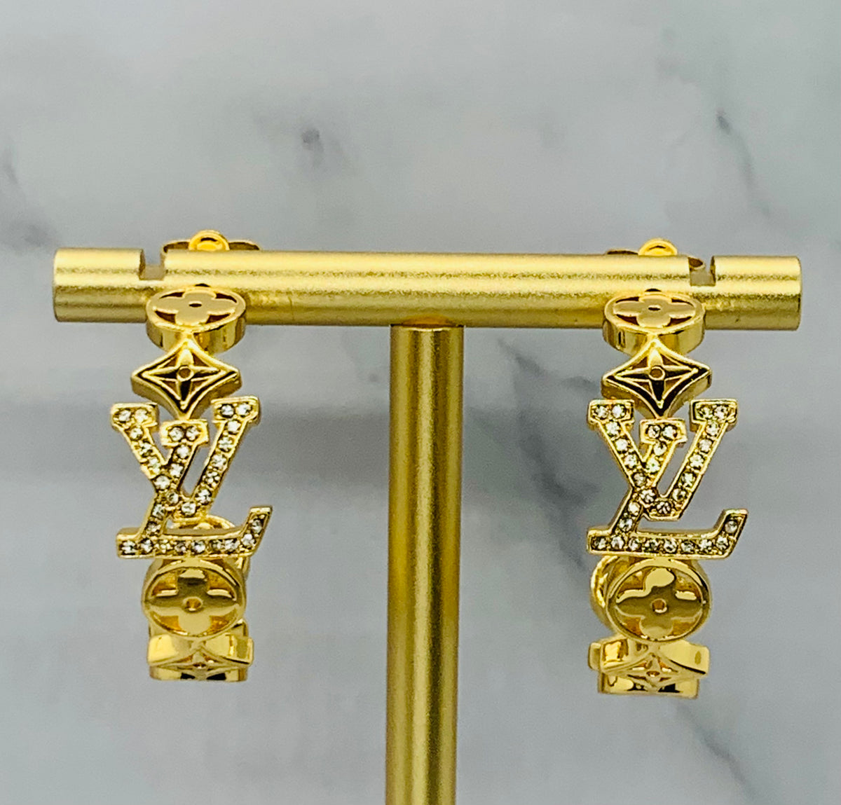 LOUIS VUITTON LV Monogram Rhinestone Hoop Earrings - USED