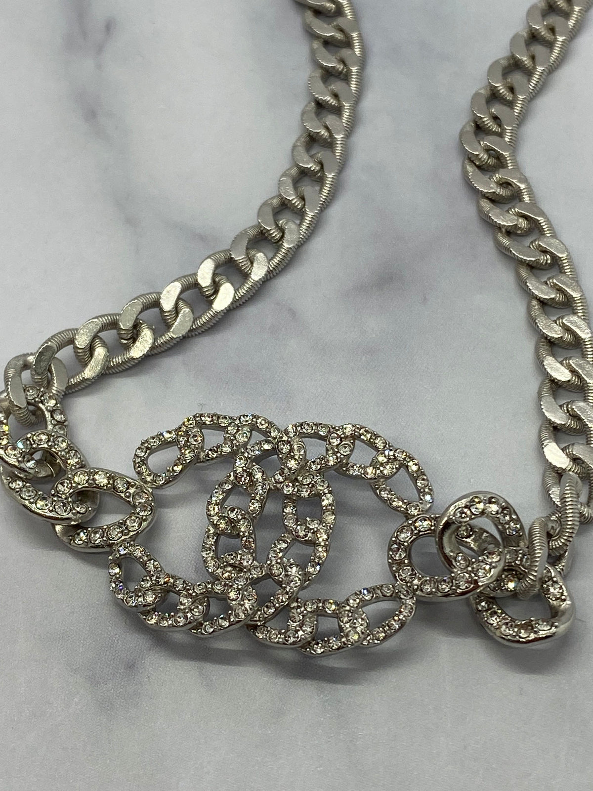 CHANEL CC Silver Tone Rhinestone Evening Choker Necklace - USED