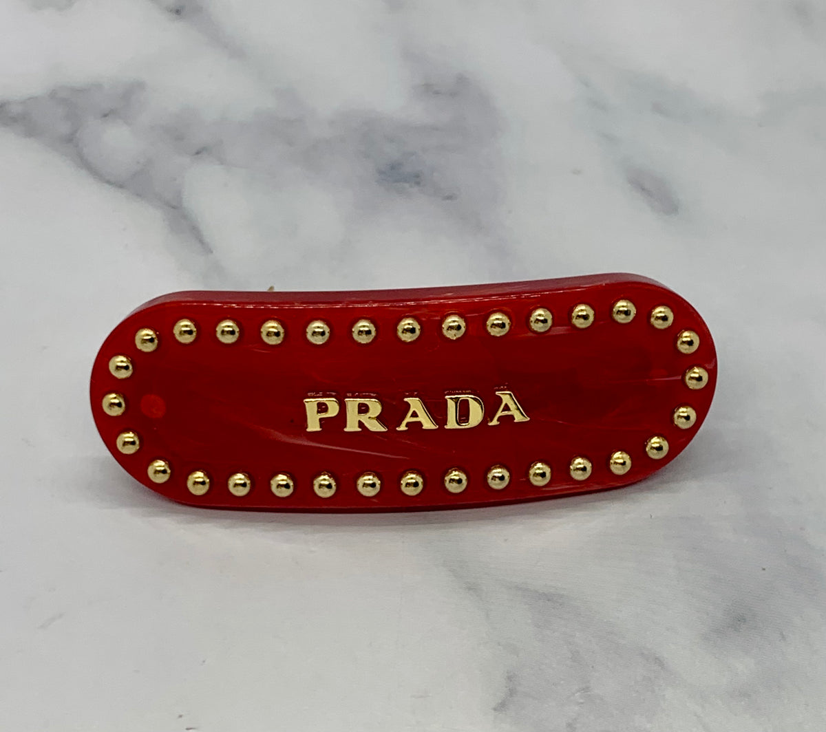 PRADA Red Acrylic Gold Stud Hair Clip Barrette - Pre owned