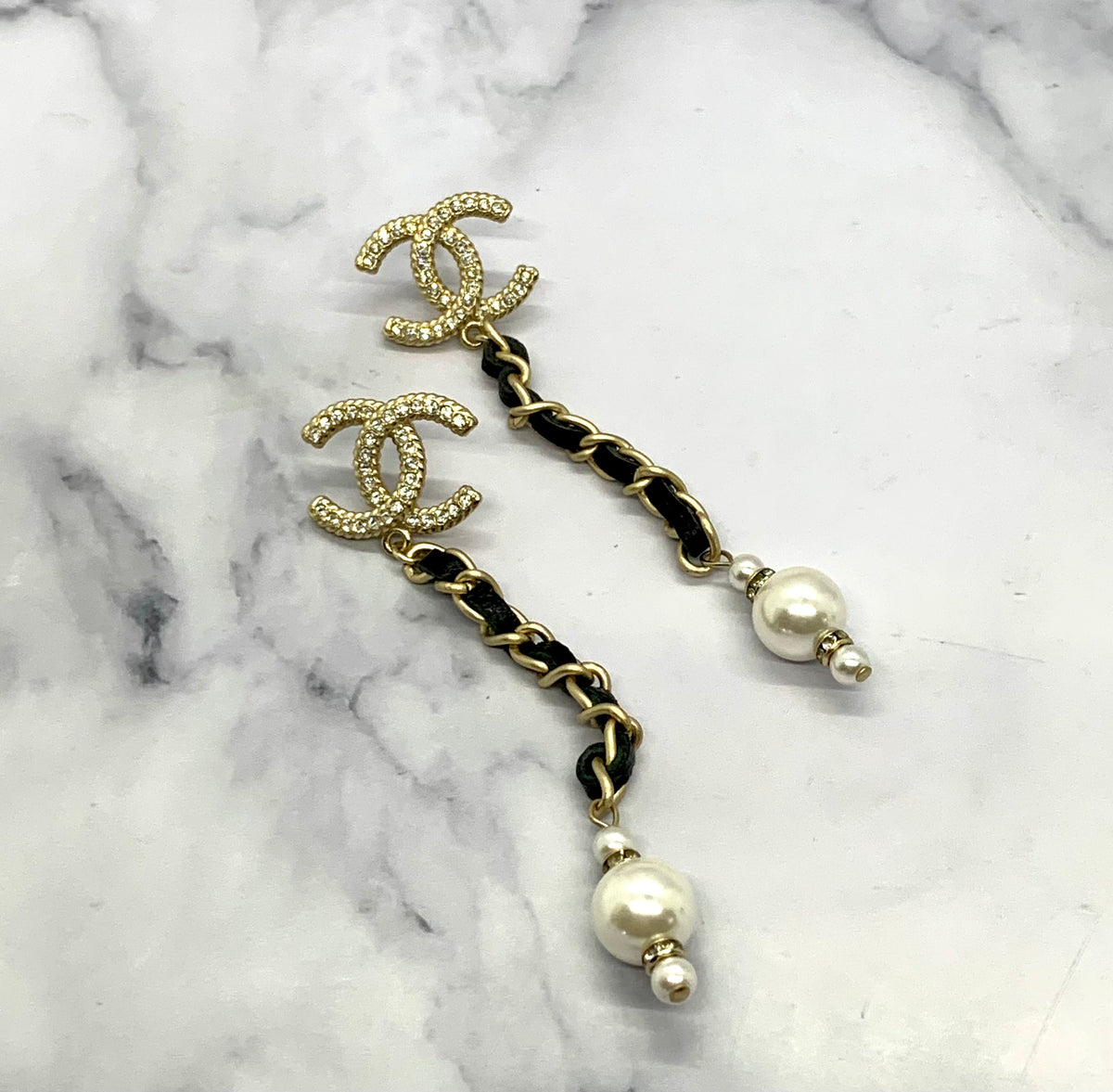 CHANEL CC Leather Trim Pendant Earrings - USED