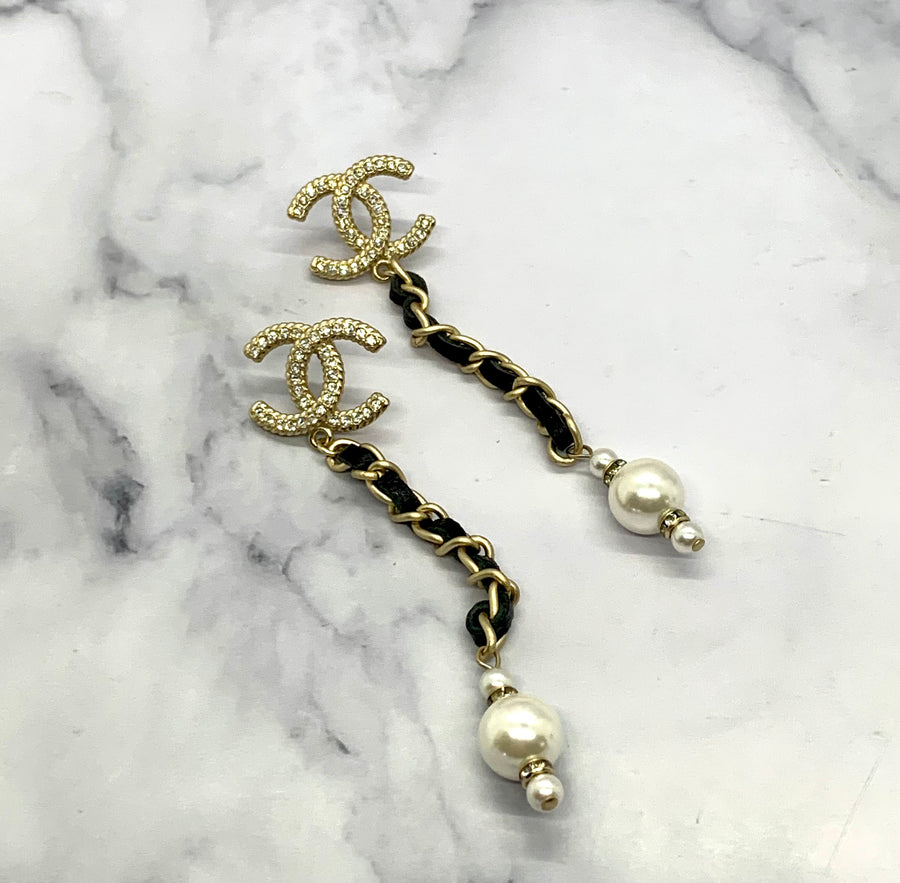 CHANEL CC Leather Trim Pendant Earrings - USED