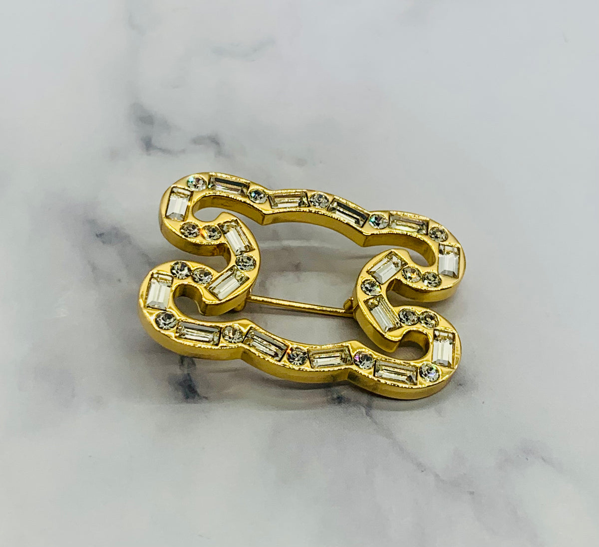 CELINE Monogram Rhinestone Trim Brooch Pin - Pre owned