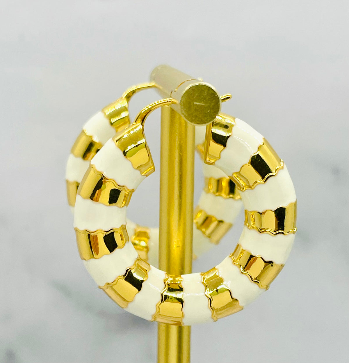 CELINE Paris Enamel White & Gold Hoop Earrings - Pre owned