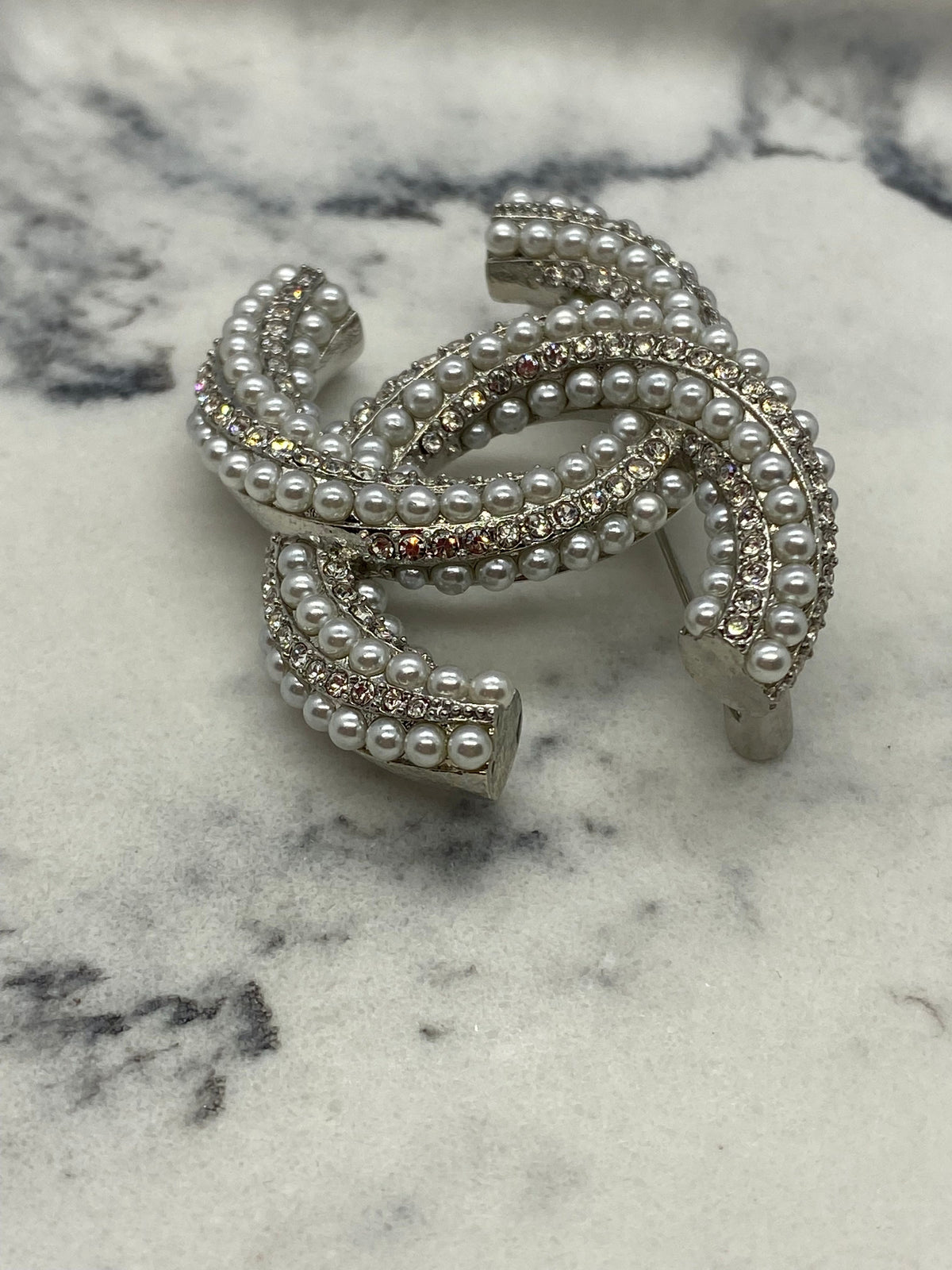 CHANEL CC Silver Tone Pearl Rhinestone Brooch Pin - USED