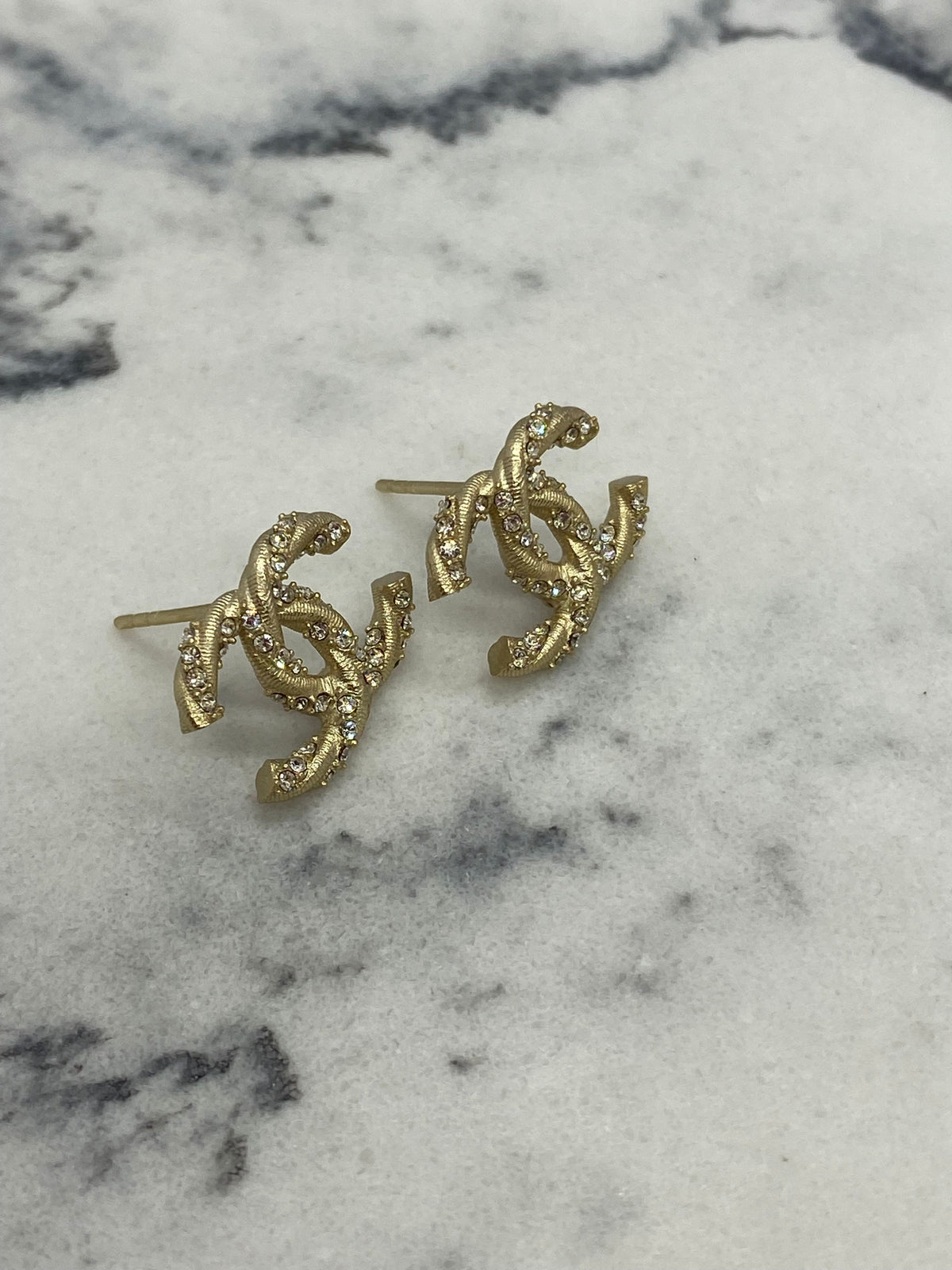 CHANEL CC Gold Tone Rhinestone Earrings - DAMAGED