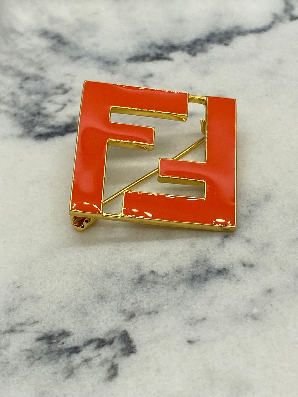FENDI F Gold Tone Orange Enamel Brooch Pin - Pre owned