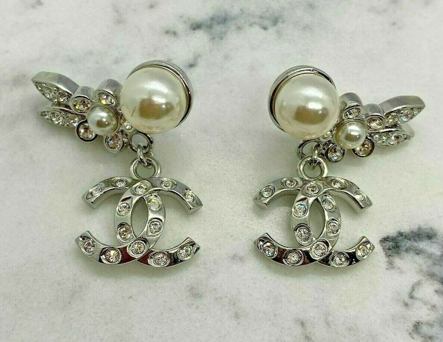 CHANEL CC Silver Tone Pearl Flower Pendant Earrings - USED