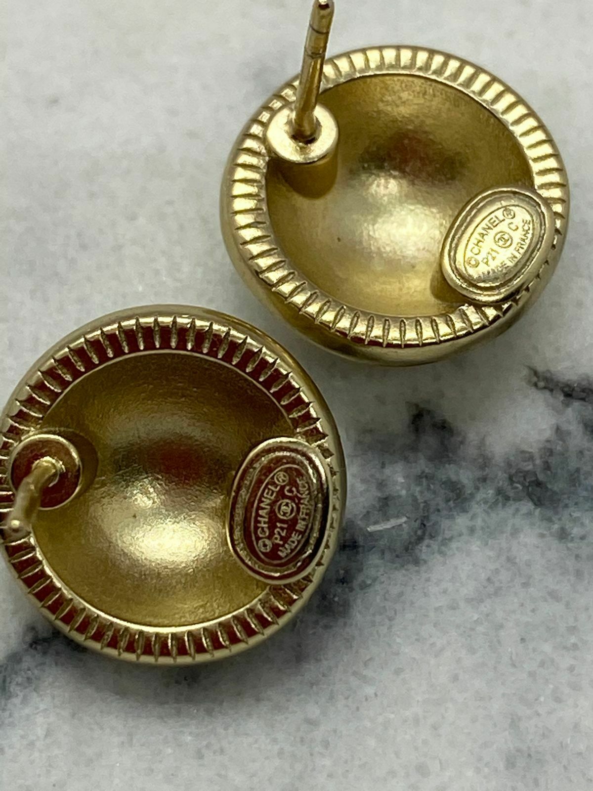 CHANEL CC Gold Tone & Rhinestone Button Earrings - USED