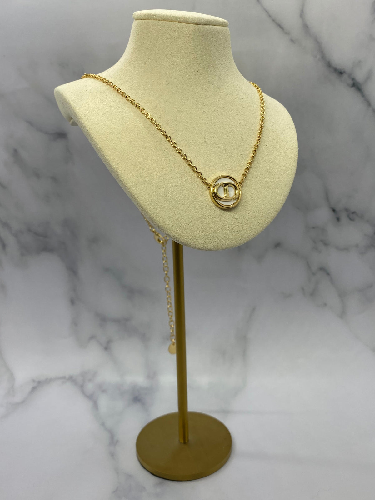 CHRISTIAN DIOR CD Gold Tone White Logo Chain Necklace - USED