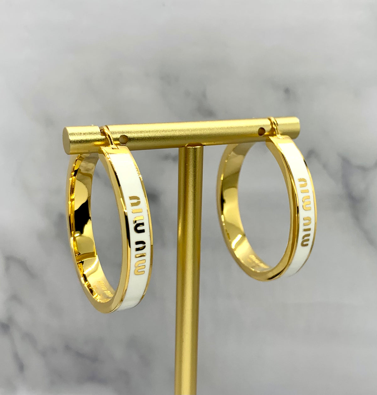 MIU MIU White Striped Gold Tone Hoop Earrings - Pre owned