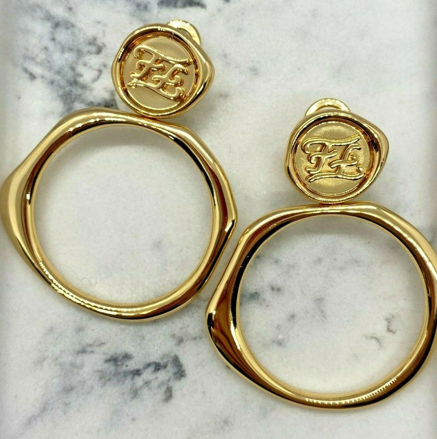FENDI FF Gold Tone Molten Hoop Earrings - Pre owned