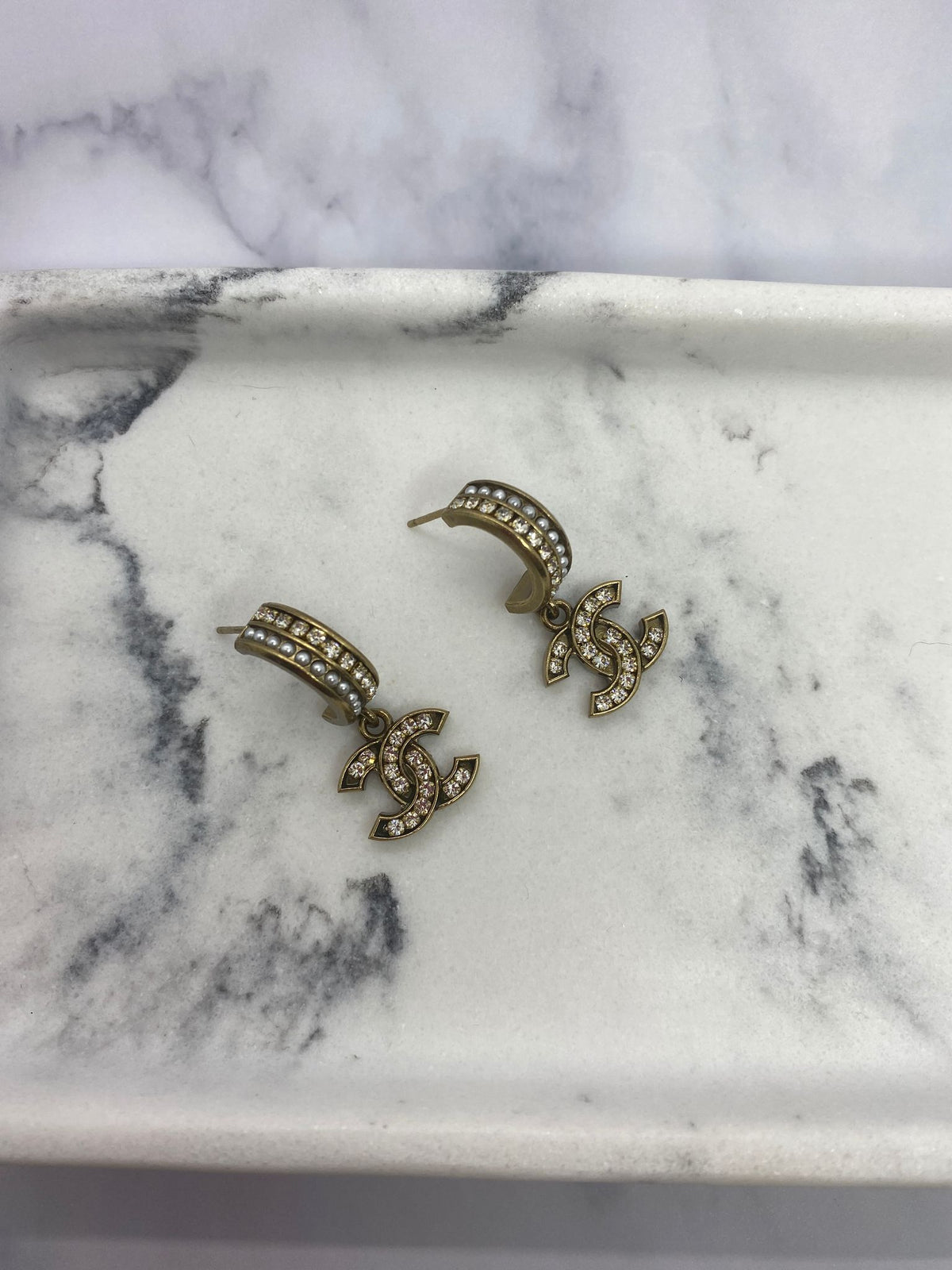 CHANEL CC Brass Tone Rhinestone Earrings - Pre owned