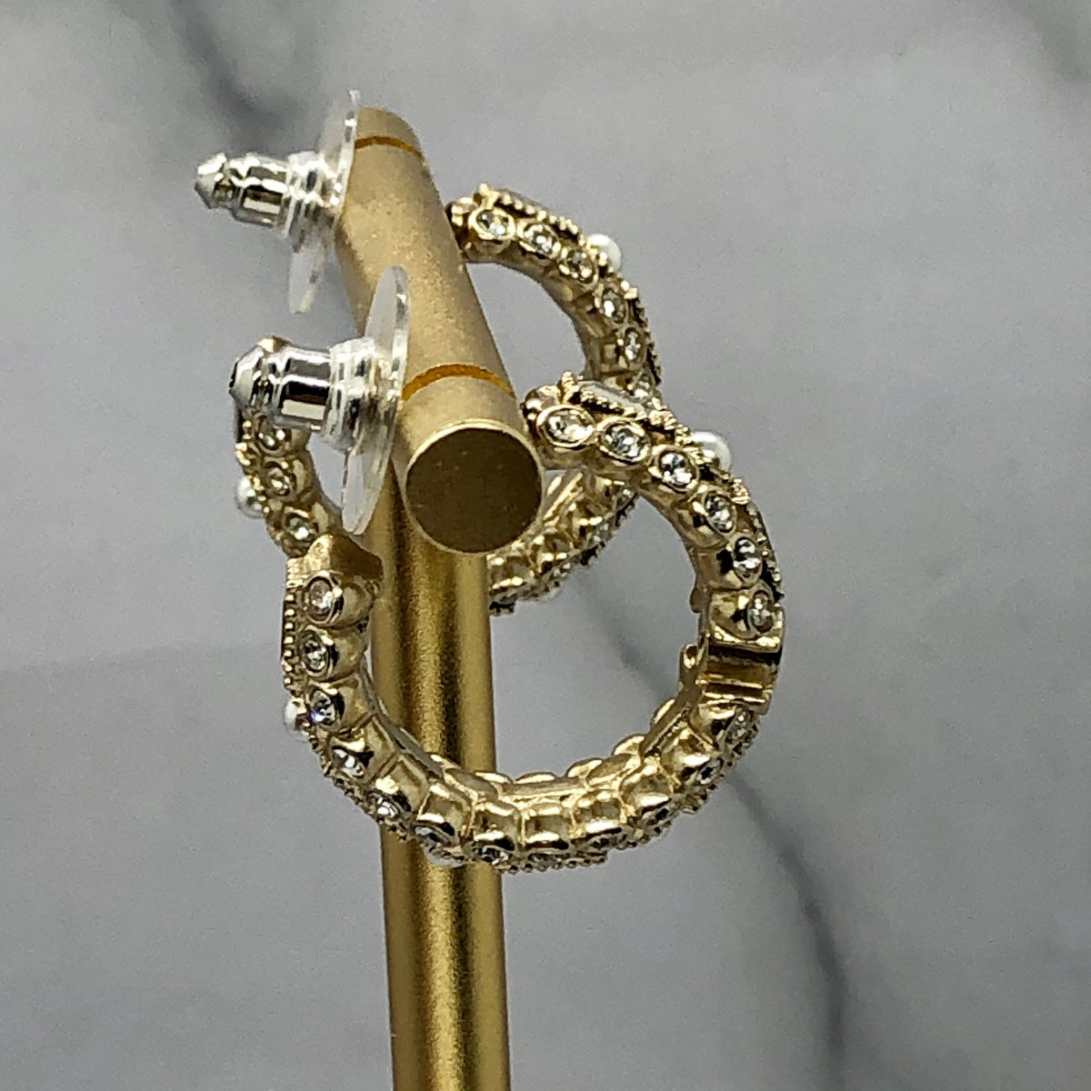 CHANEL CC Gold Tone Rhinestone Hoop Earrings - Pre owned