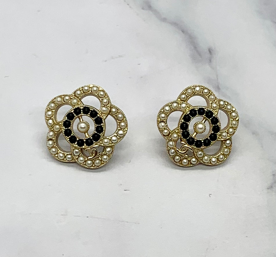 CHANEL CC Camelia Rhinestone Earrings - USED