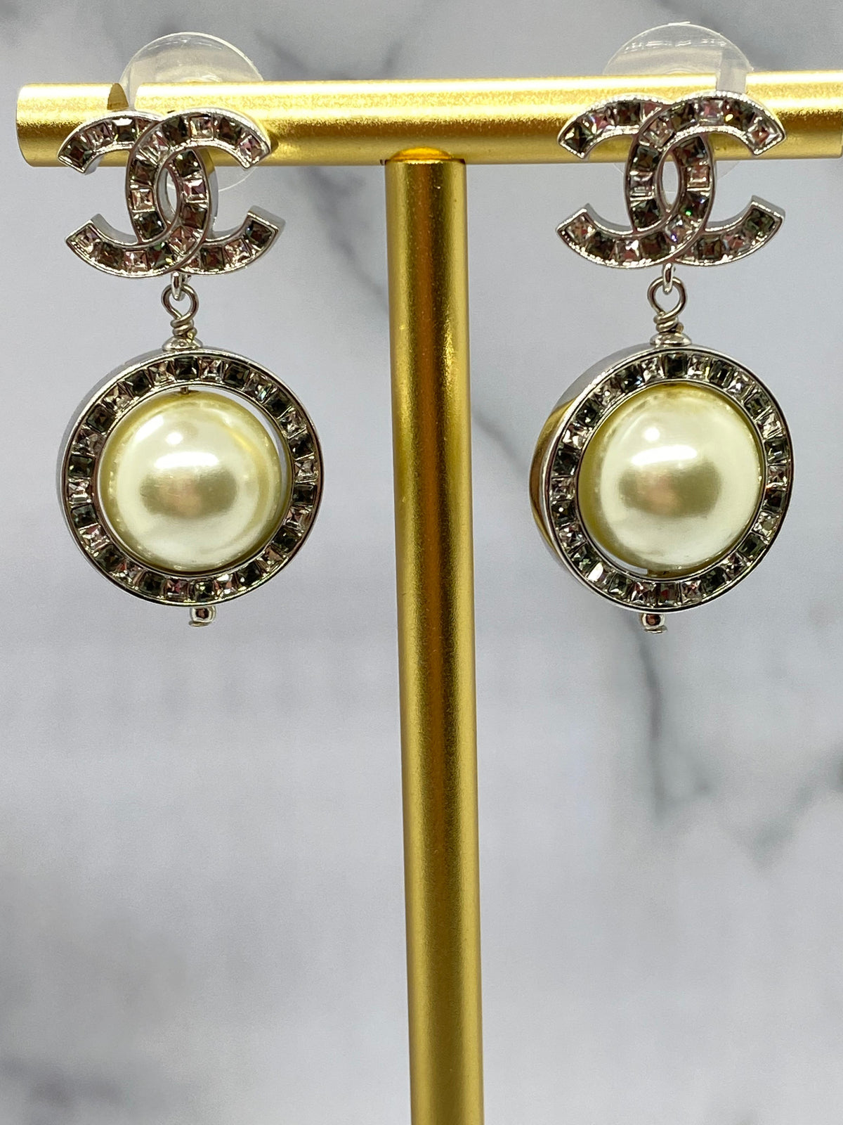 CHANEL CC Silver Tone Rhinestone Pearl Pendant Earrings - USED