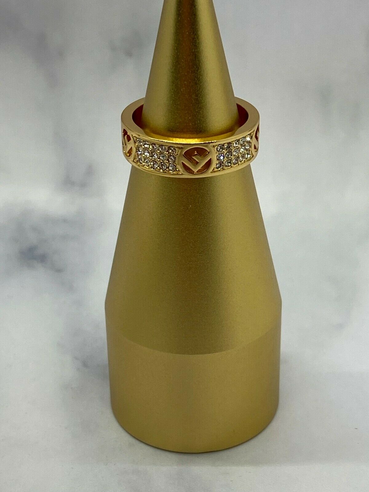 FENDI F Gold & Rhinestone Logo Ring Size 7 M - Pre owned