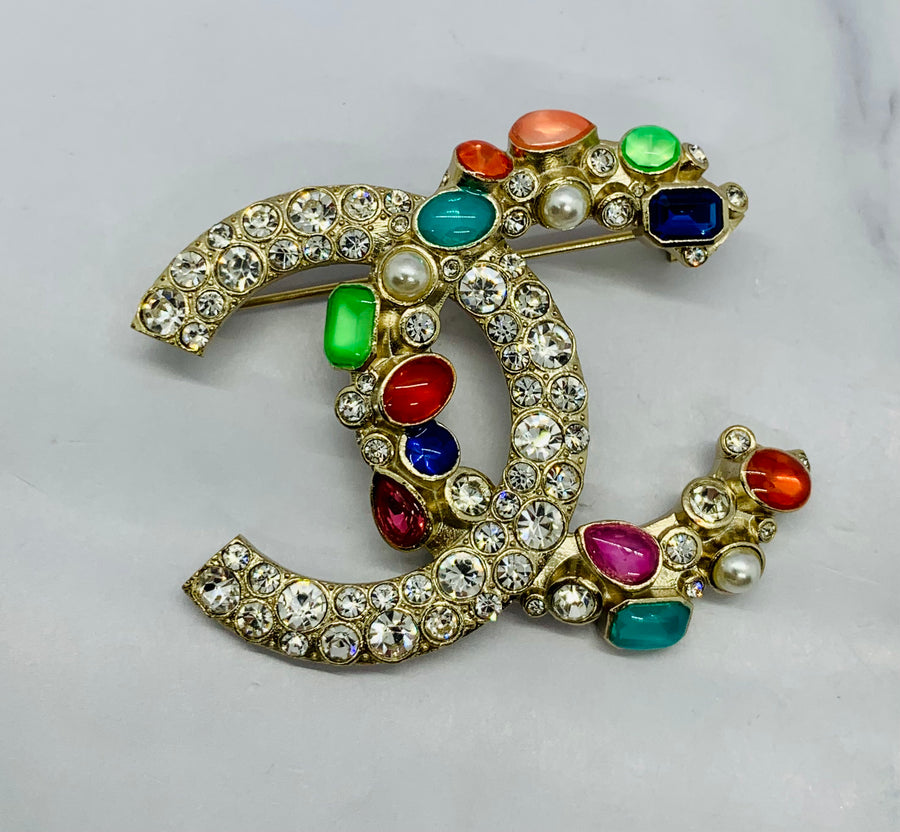 CHANEL CC Multicolor Rhinestone Brooch