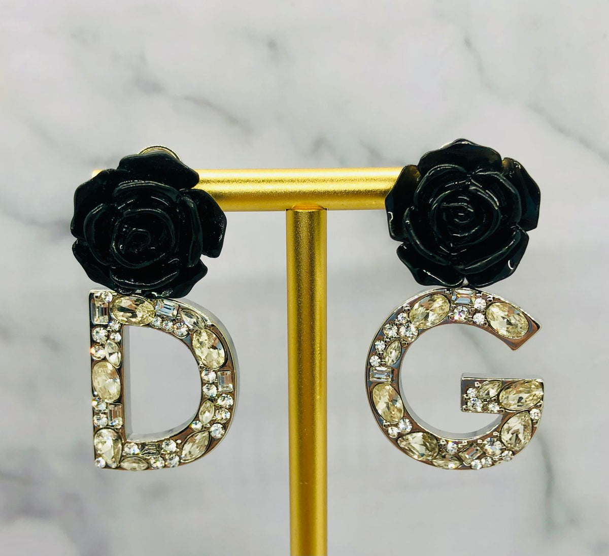 DOLCE & GABBANA Black Rose Rhinestone Earrings - Pre owned