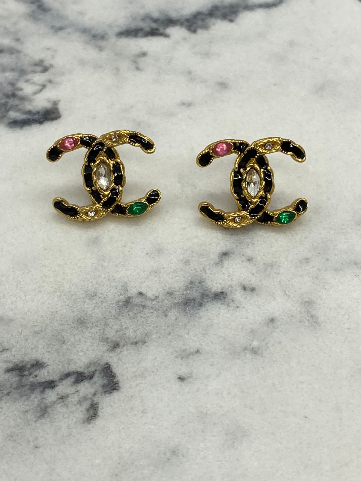 CHANEL CC Gold Tone Colorful Rhinestone Earrings - Pre owned