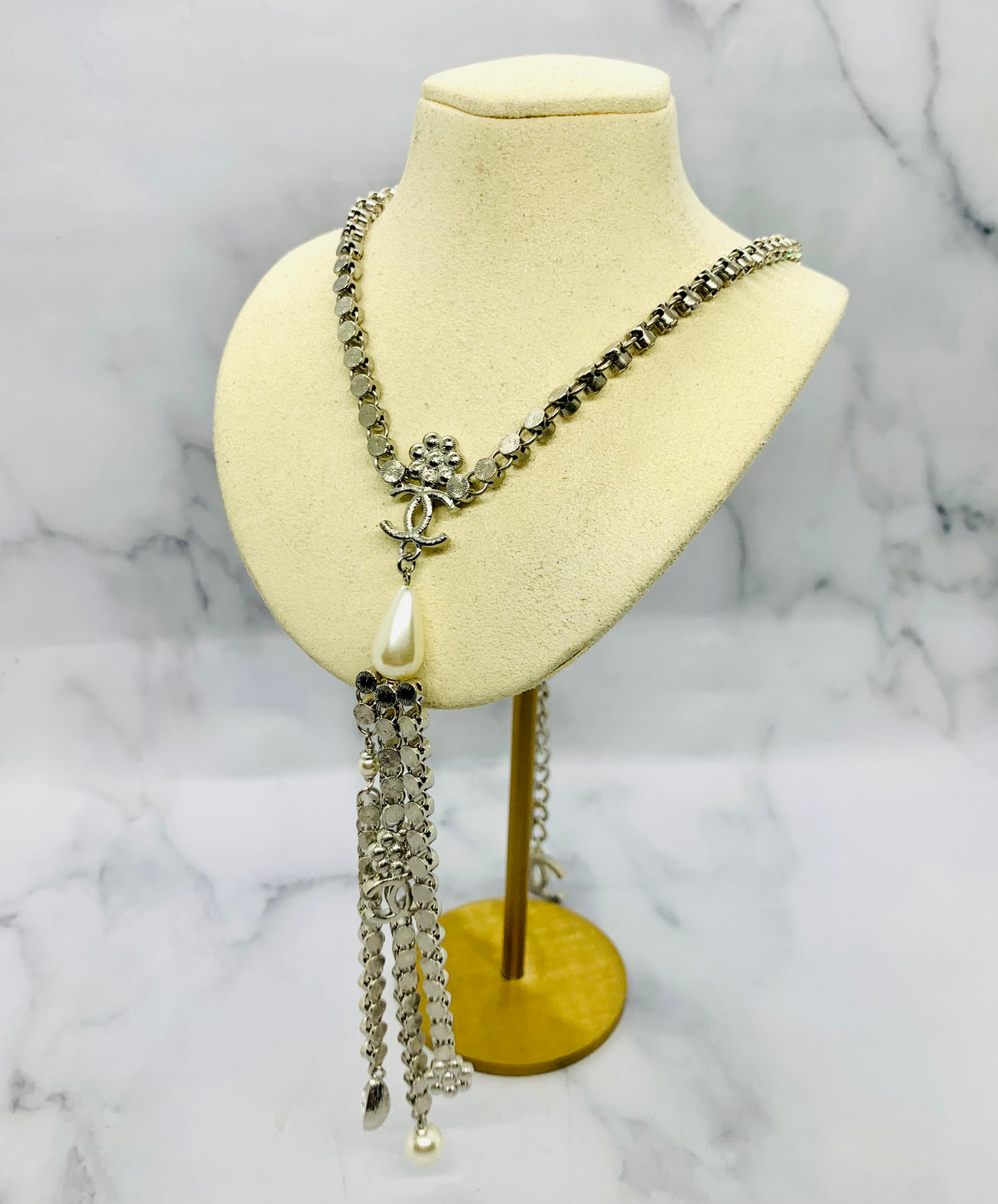 CHANEL CC Rhinestone Lariat Statement Necklace - USED