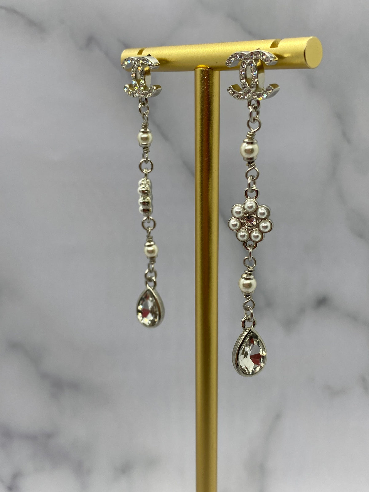 CHANEL CC Silver Tone Rhinestone Pendant Earrings - USED