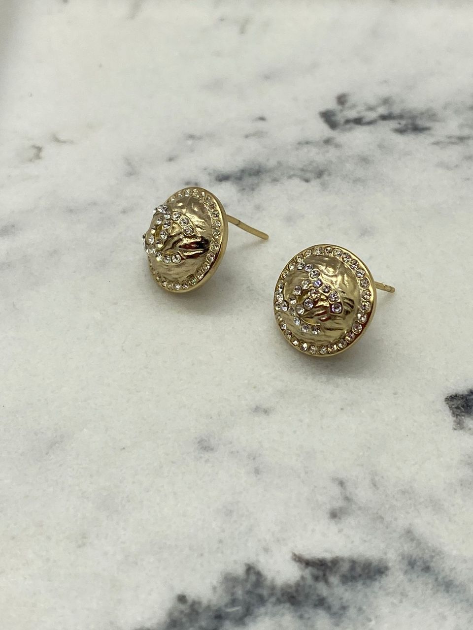 CHANEL CC Gold Tone Rhinestone Button Earrings - Pre owned
