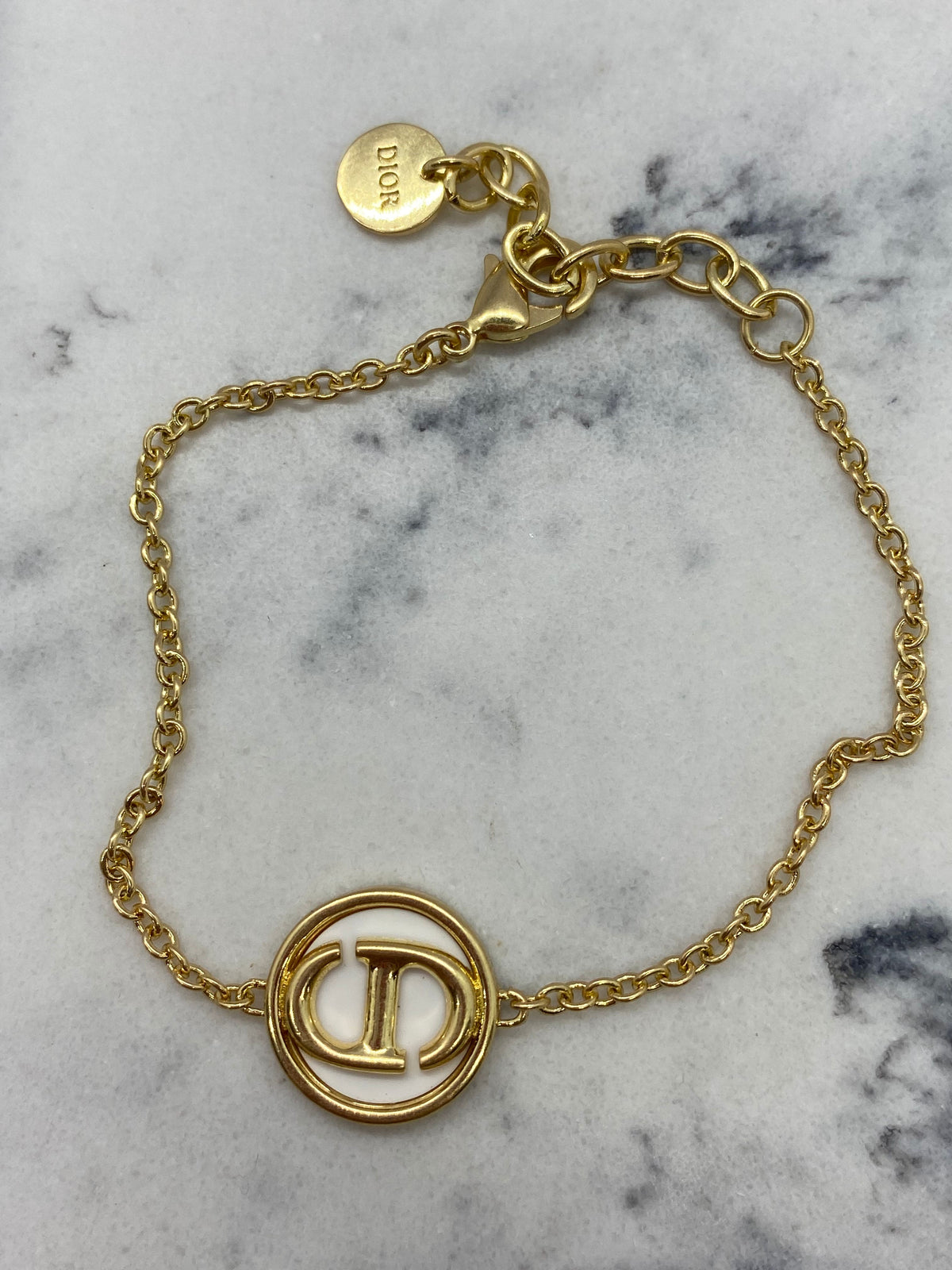 Auth CHRISTIAN DIOR CD Gold Tone White Logo Chain Bracelet - USED