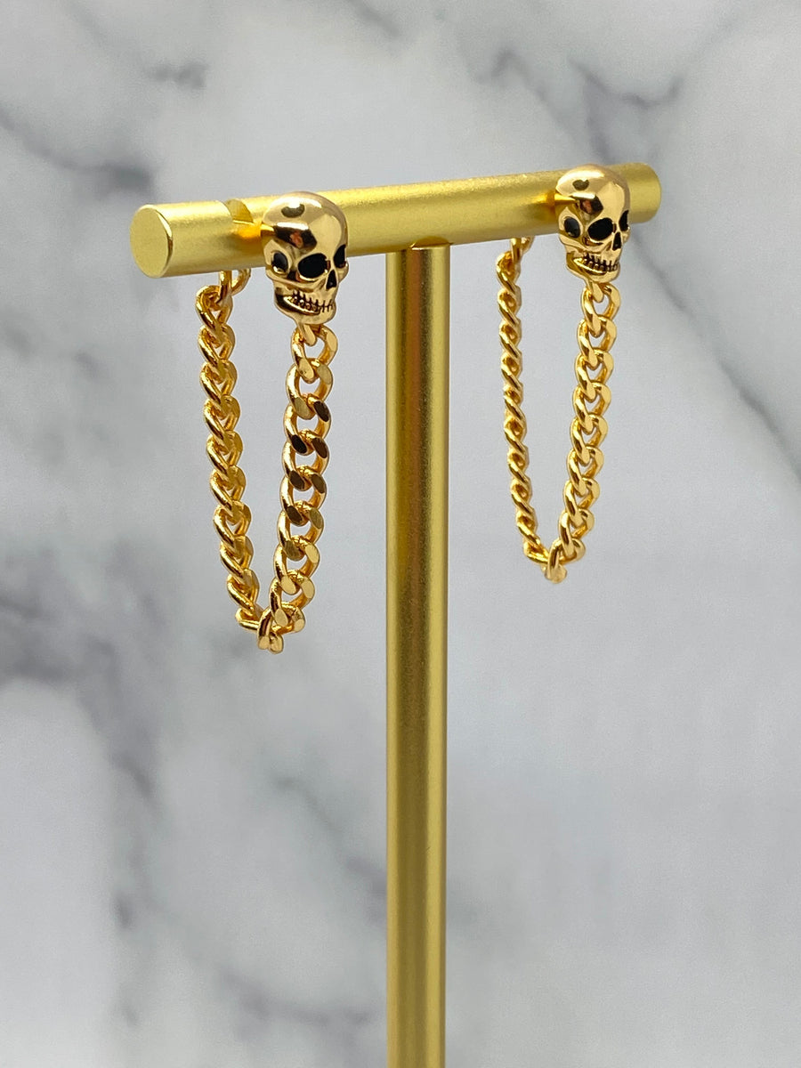 ALEXANDER McQUEEN Gold Tone Skull Chain Earrings - Pre owned