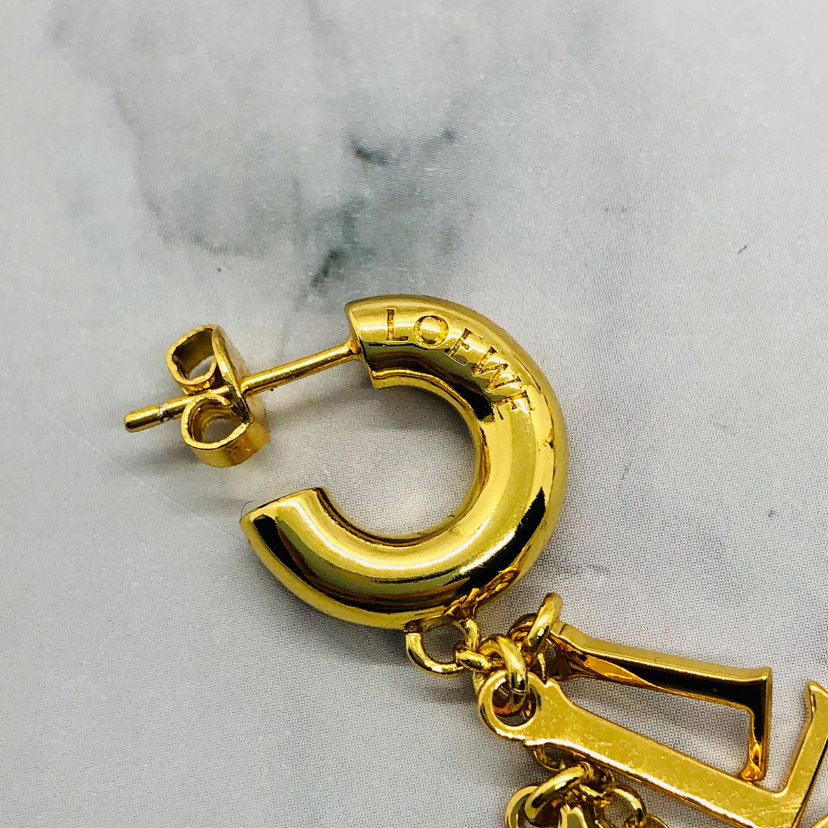 LOEWE Gold Tone Pendant Monogram Earrings - Pre owned