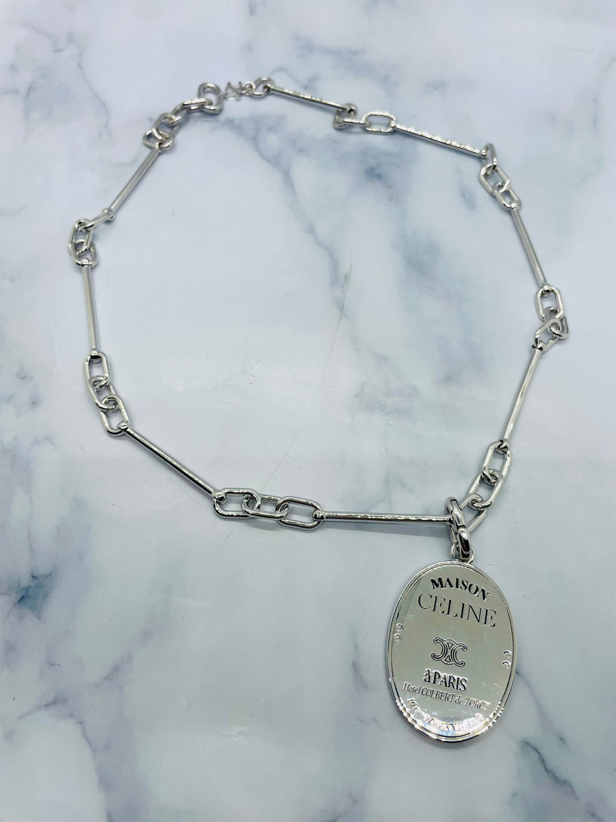 CELINE Silver Tone Maison Medal Charm Necklace - Pre owned