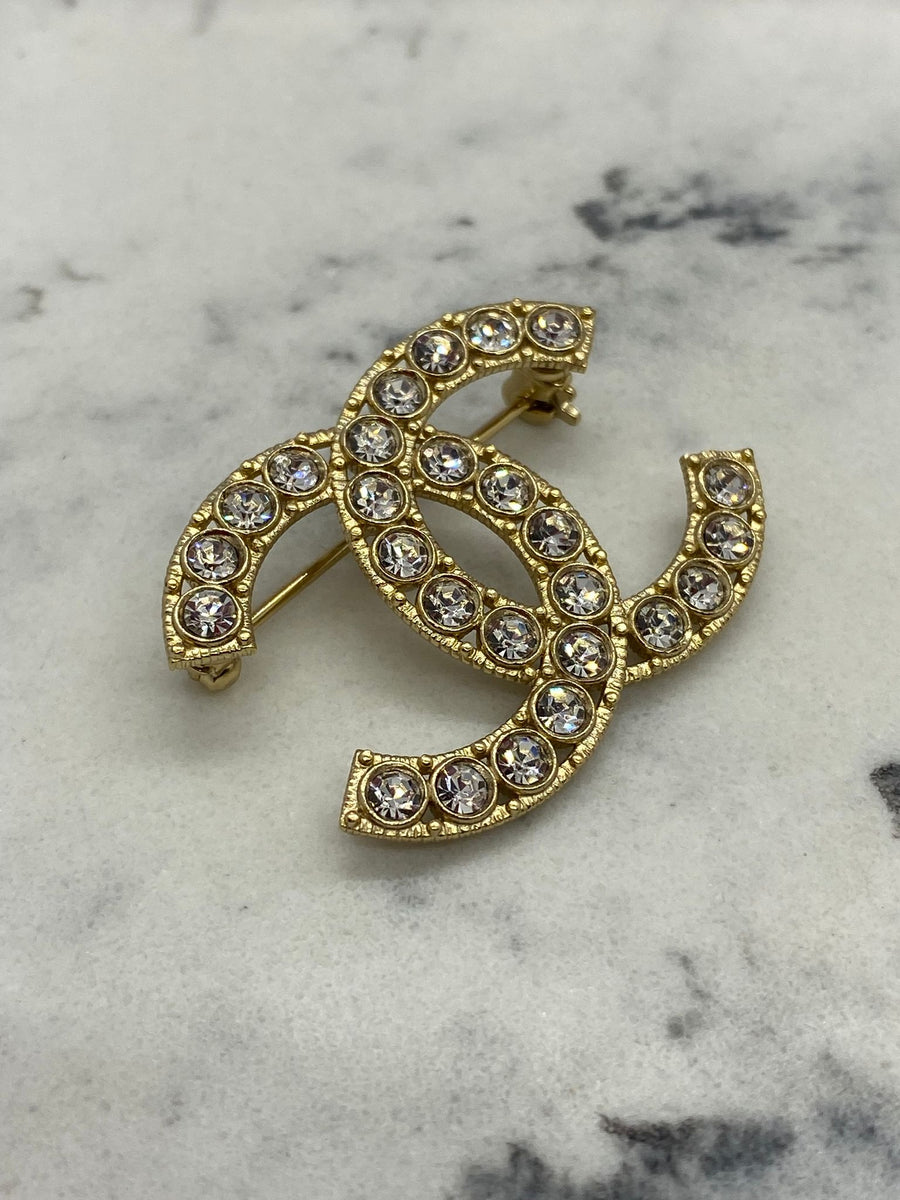 CHANEL CC Large Black Rhinestone Brooch Pin - USED