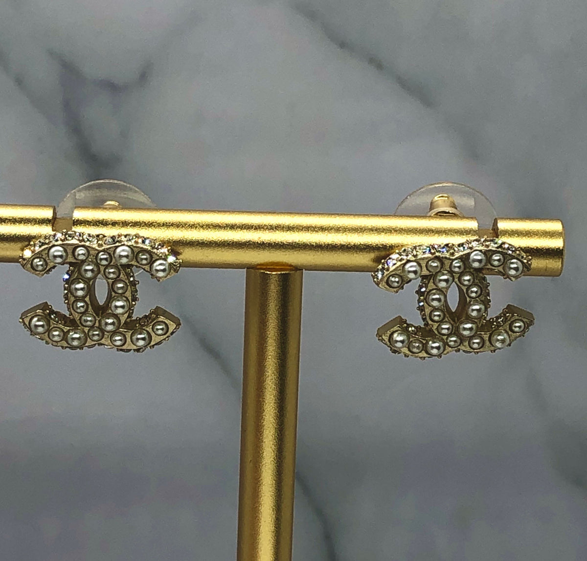 CHANEL CC Gold Tone Rhinestone Stud Earrings - Pre owned