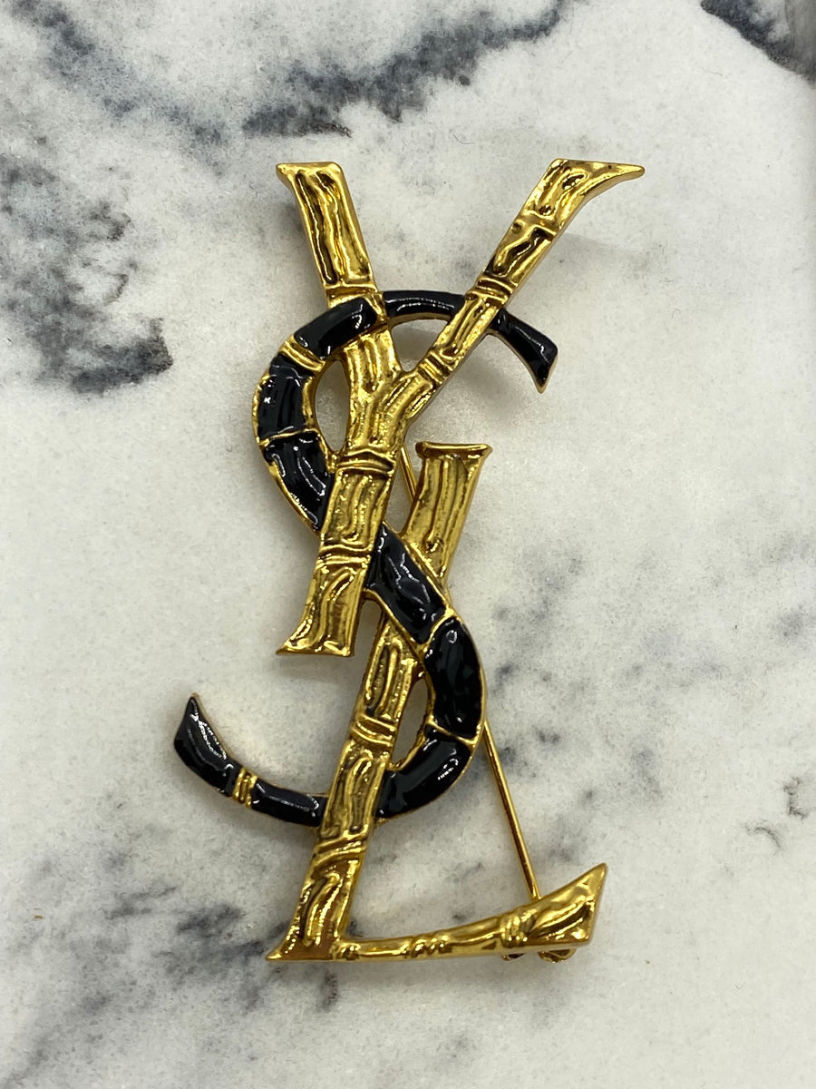 Yves Saint Laurent Gold & Black Enamel Brooch Pin