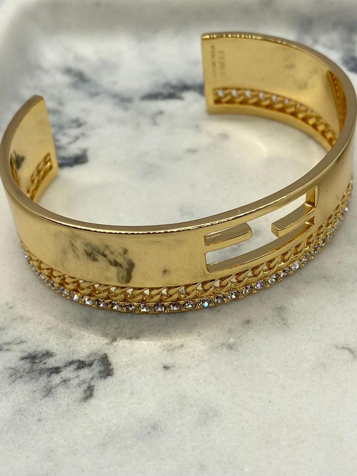 FENDI F Gold Tone Rhinestone Bangle Bracelet - Pre owned