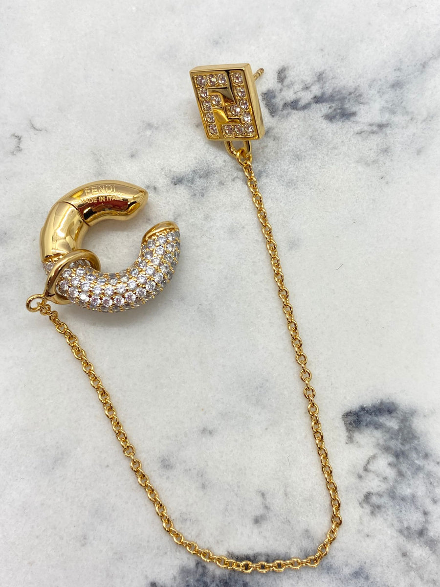 FENDI F Gold Tone Rhinestone Chain Ear Cuff - Pre owned