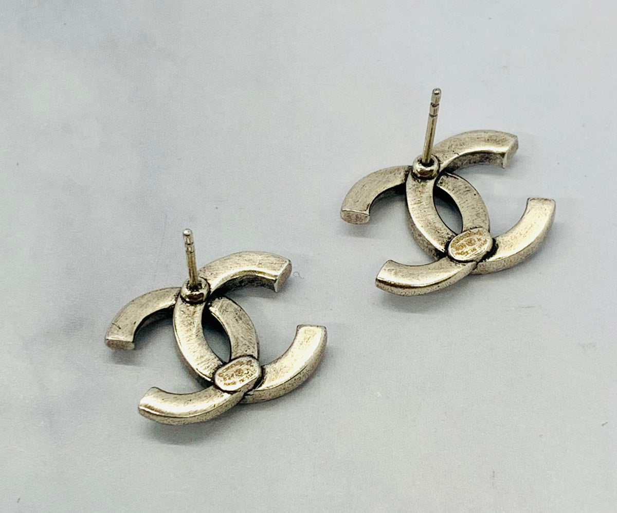 CHANEL CC Dark Silver Rhinestone Earrings - USED