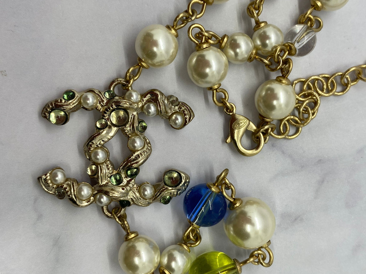 CHANEL CC Long Layer Rhinestone Pearl Necklace - Pre owned