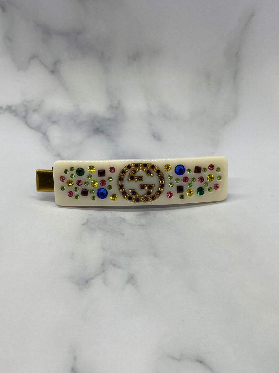 GUCCI GG White Rhinestone Hair Pin Barrette - Pre owned