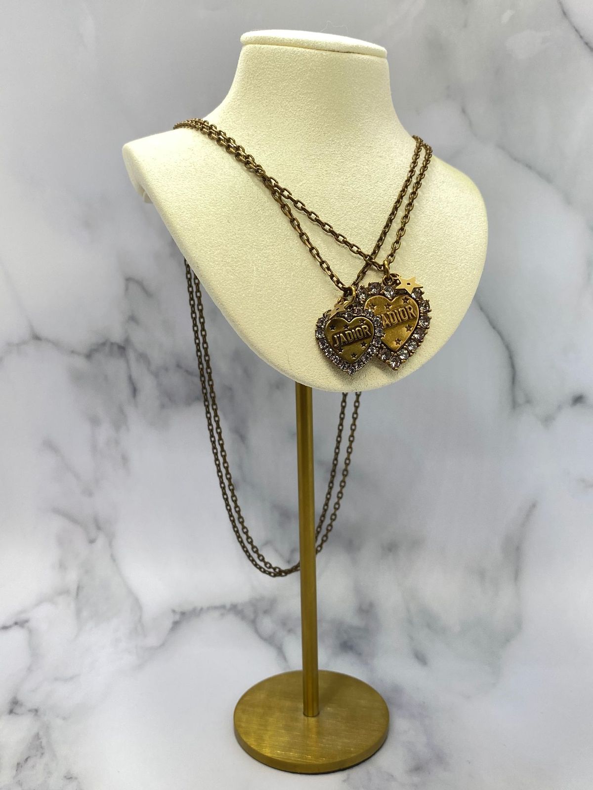 CHRISTIAN DIOR J'Adior Brass Tone Rhinestone Hearts Necklace - Pre owned