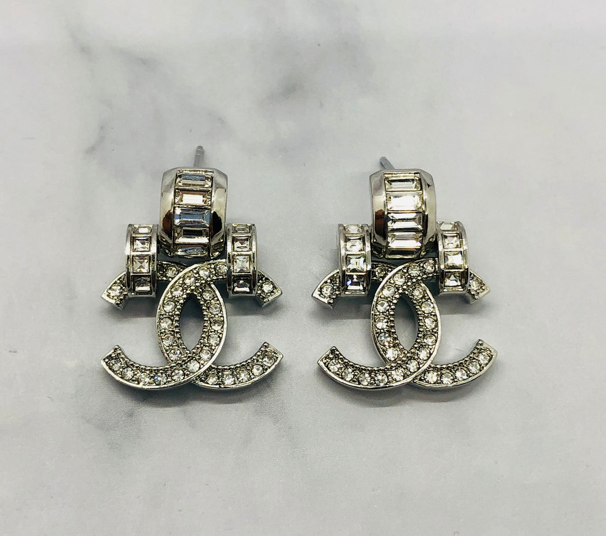 CHANEL CC Silver Tone Rhinestone Earrings - USED