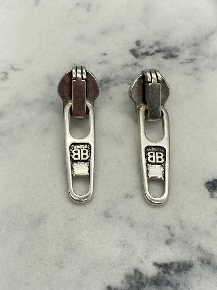 BALENCIAGA BB Silver Tone Zipper Earrings - Pre owned