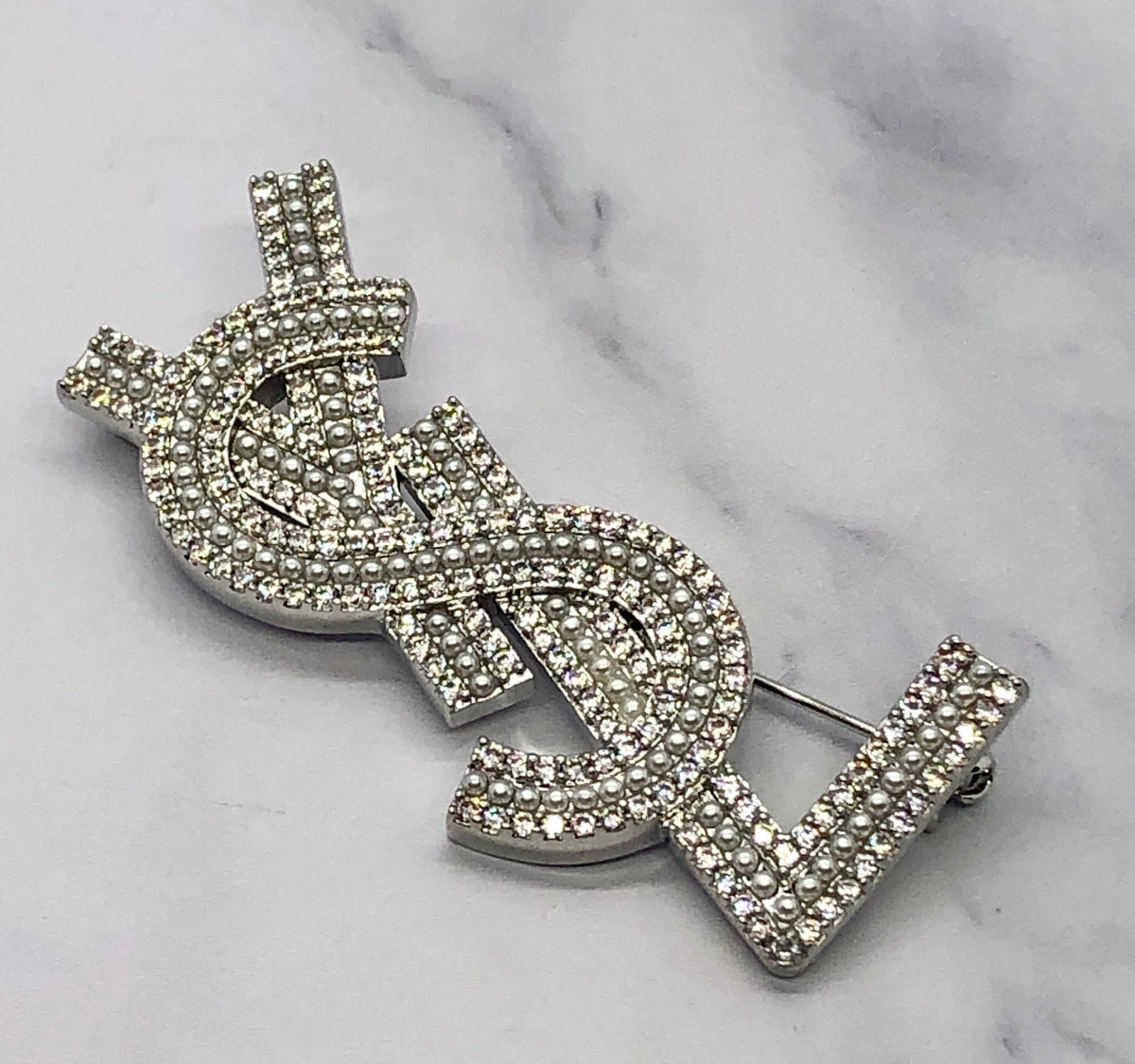 YSL YVES SAINT LAURENT Silver Rhinestone Brooch Pin - Pre owned