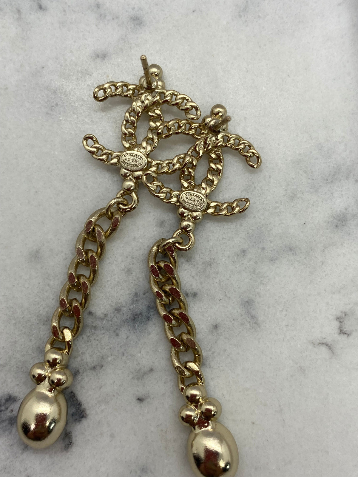CHANEL CC Gold Tone Pearl Pendant Earrings - Pre owned