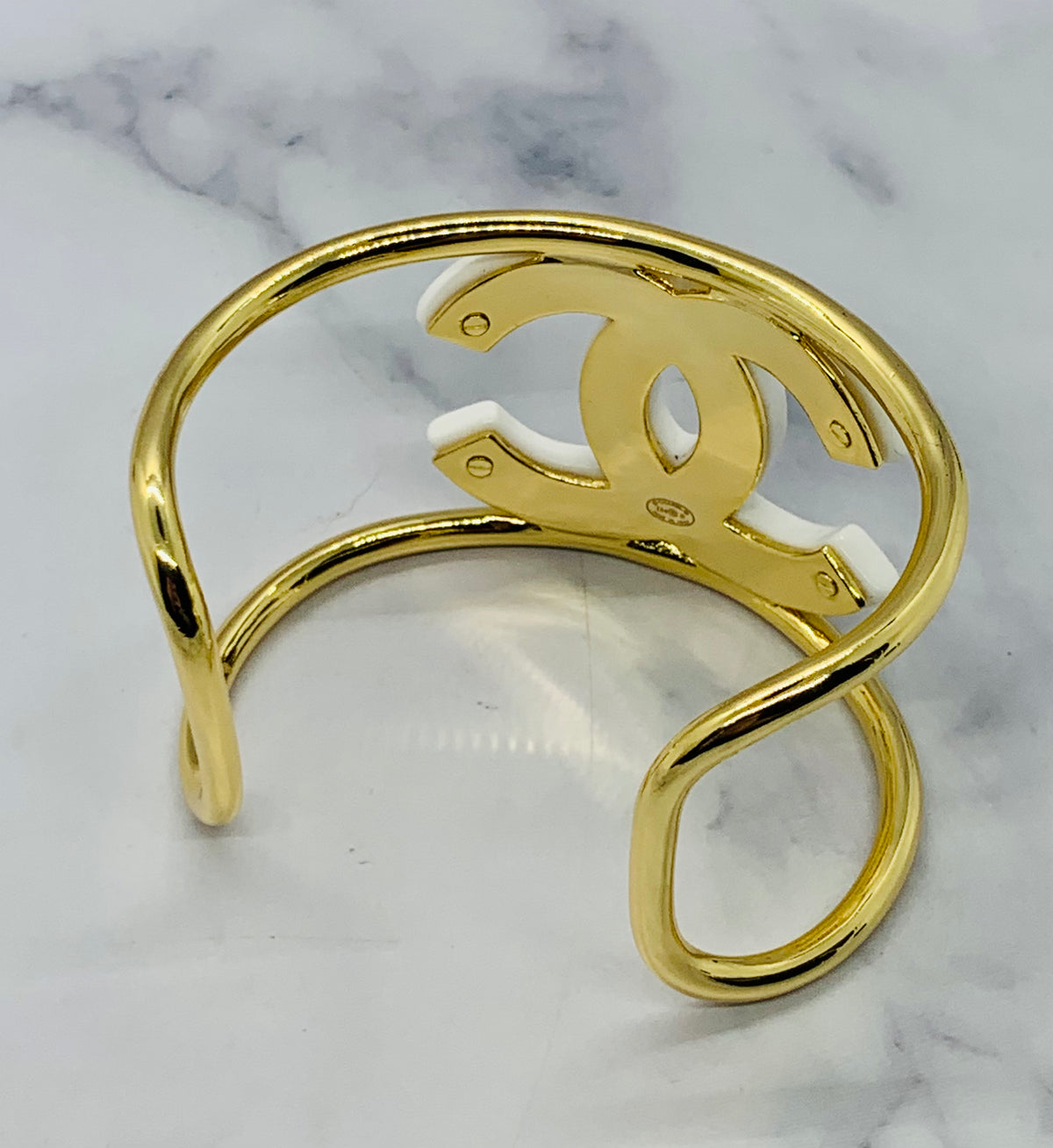 CHANEL CC White & Gold Bangle Cuff Bracelet - USED