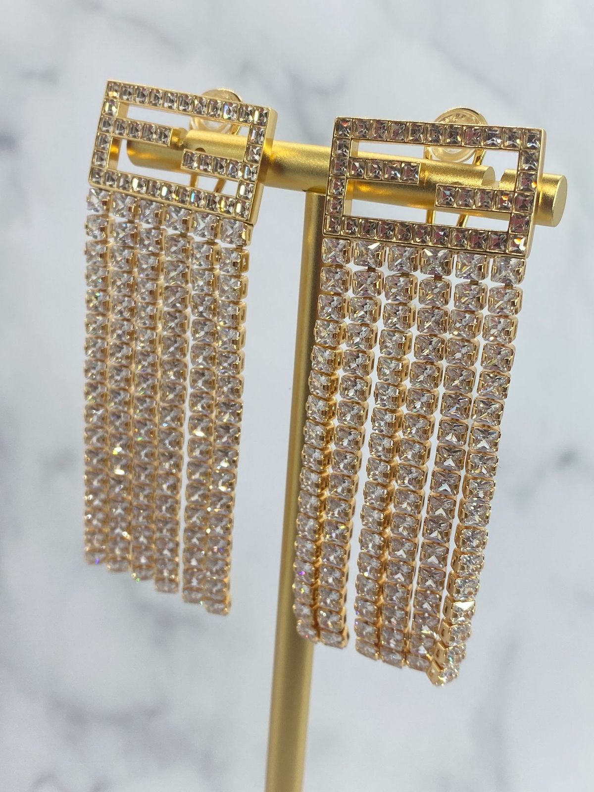 FENDI F Gold Tone Rhinestone Fringe Earrings - Pre owned