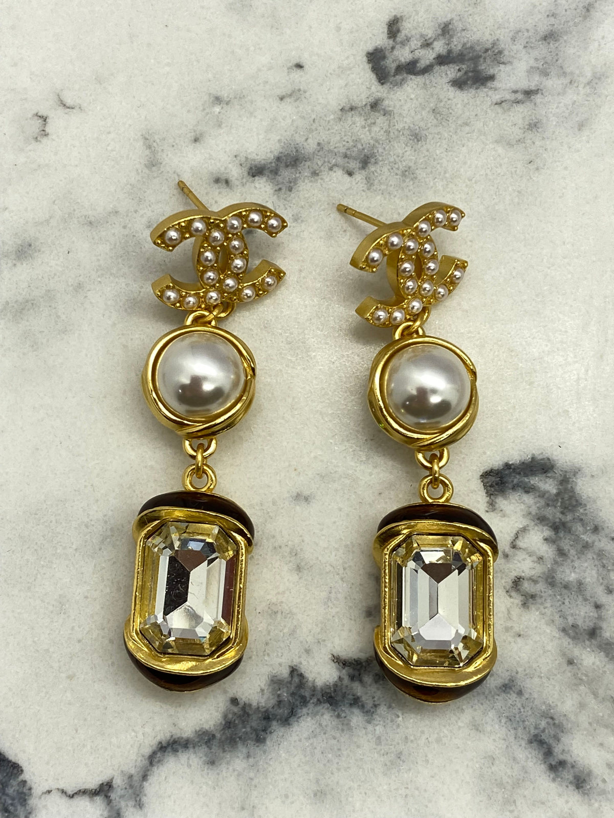 CHANEL CC Gold Tone Rhinestone Pendant Earrings - USED