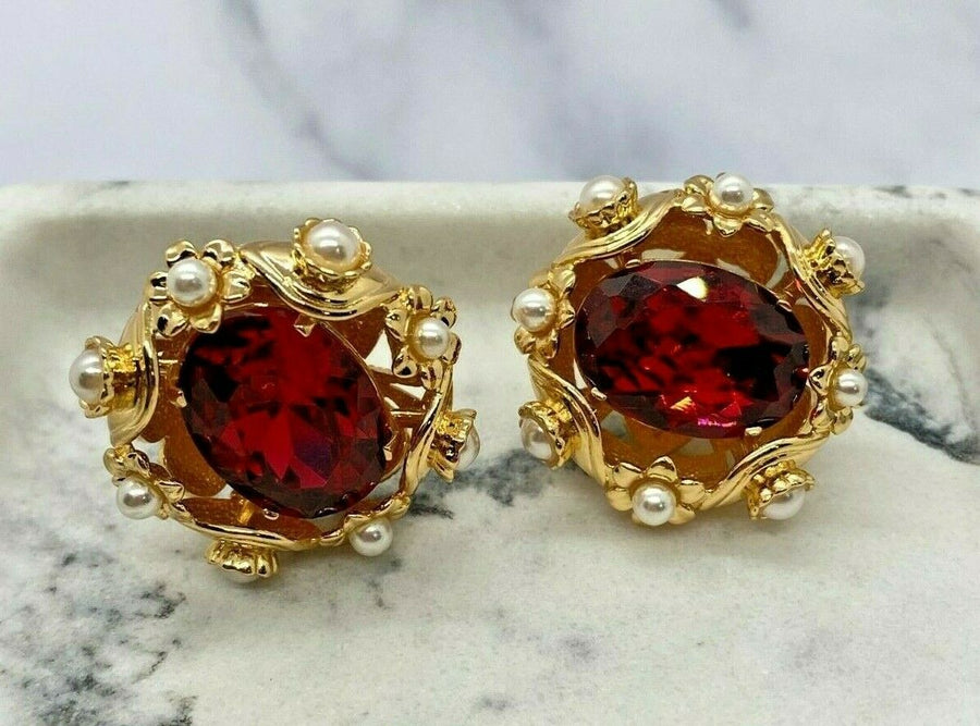 Dolce & Gabbana Gold & Ruby Rhinestone D&G Earrings- pre owned