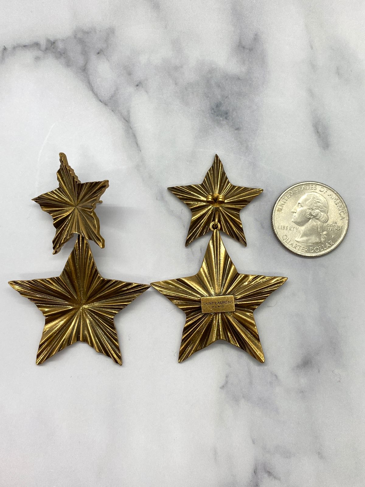 YSL YVES SAINT LAURENT Brass Tone Double Star Earrings - Pre owned